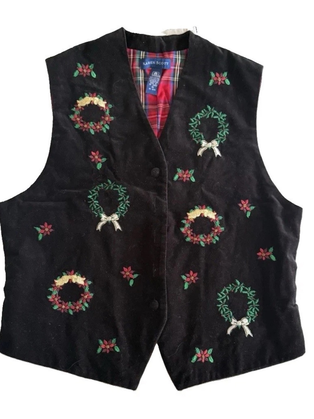 Ugly Christmas Vest Velvet Embroidered Wreaths Tartan Plaid Back 90s VTG Medium